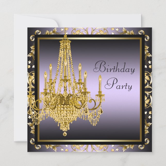 Gold Purple Chandelier Birthday Party Invitation (Front)