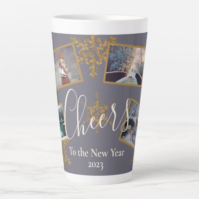 Gold Purple Cheers Snowflake 4 Photos Holiday Latte Mug (Front)