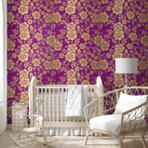 Gold purple colour floral flower peel and stick wallpaper