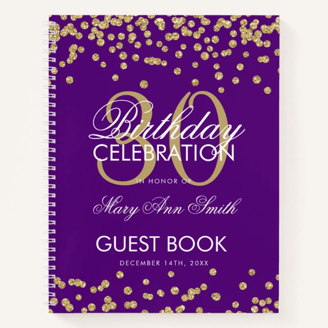 Gold Purple Confetti 30th Birthday Guestbook Notebook (Front)