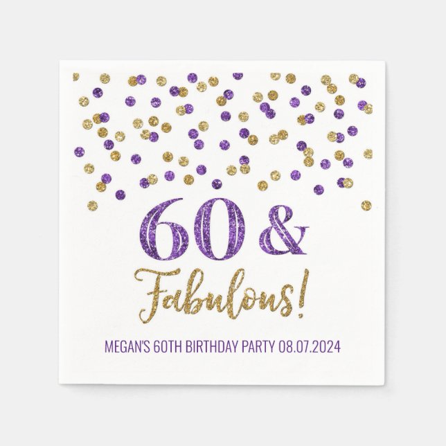 Gold Purple Confetti 60 & Fabulous  Napkin (Front)