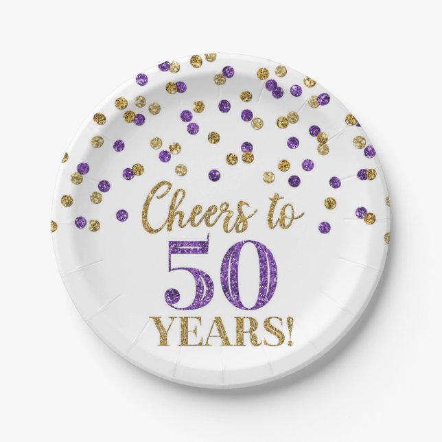 Gold Purple Confetti Cheers to 50 Years Birthday Paper Plate (Front)