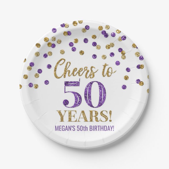 Gold Purple Confetti Cheers to 50 Years Birthday Paper Plate (Front)