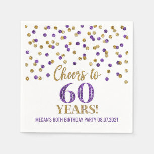Gold Purple Confetti Cheers to 60 Years Birthday Napkin