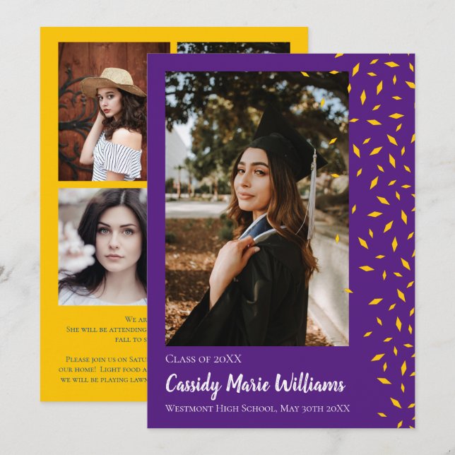 Gold Purple Confetti Graduation Announcement (Front/Back)