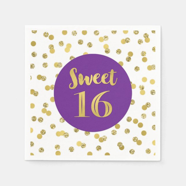 Gold Purple Confetti Sweet 16 Birthday Napkin (Front)
