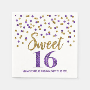 Gold Purple Confetti Sweet 16 Birthday Napkin