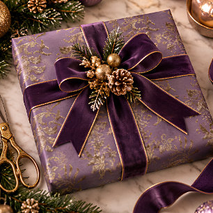 Gold & Purple Damask Faux Velvet Christmas Wrapping Paper