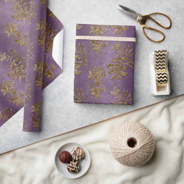 Gold & Purple Damask Faux Velvet Christmas Wrapping Paper (Crafts)