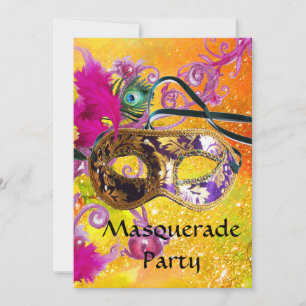 GOLD PURPLE DAMASK FEATHER MASK Masquerade Party Invitation