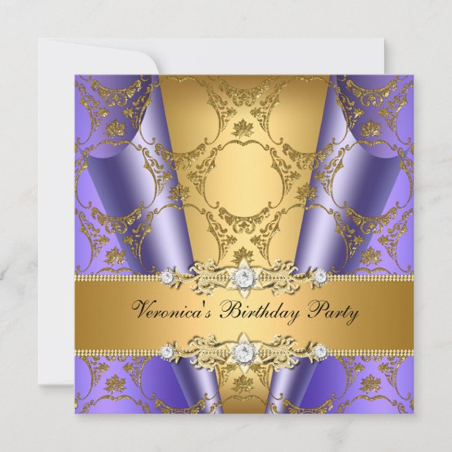 Gold Purple Damask Floral Elegant Birthday Party Invitation (Front)