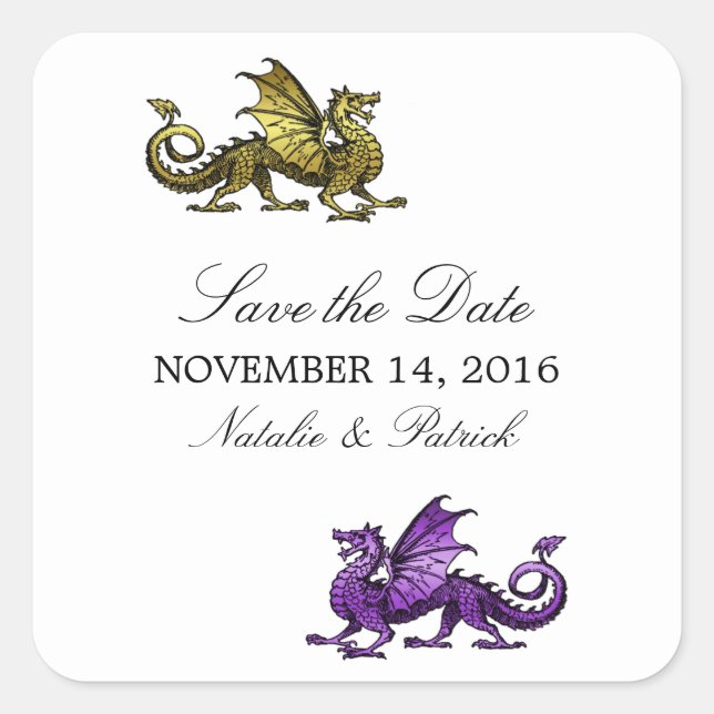 Gold Purple Dragon Save the Date Stickers (Front)