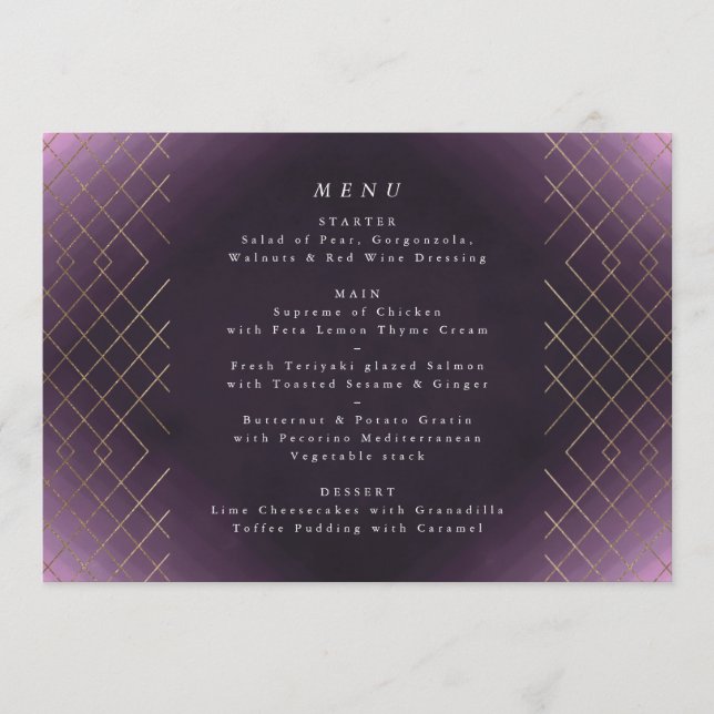 Gold Purple Elegance Diamond Geo Deco Wedding Menu (Front)