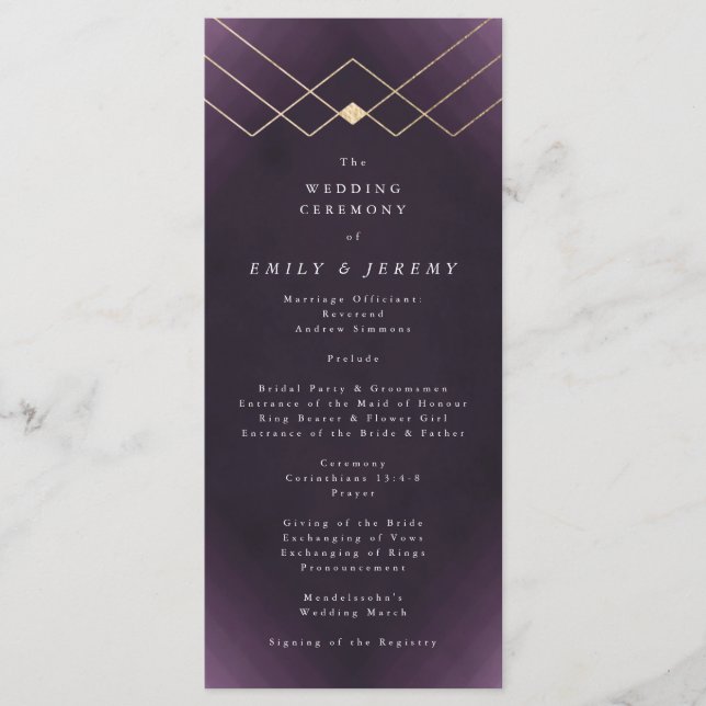 Gold Purple Elegance Diamond Geo Deco Wedding Programme (Front)