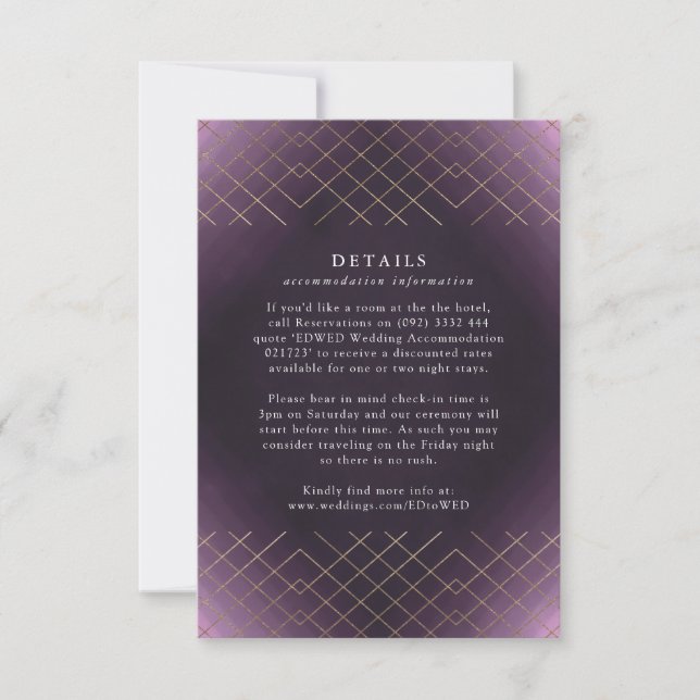 Gold Purple Elegance Diamond Geo Deco Wedding RSVP Card (Front)