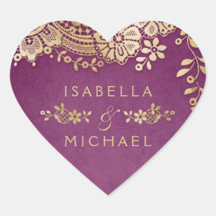Gold purple elegant vintage lace wedding favour heart sticker