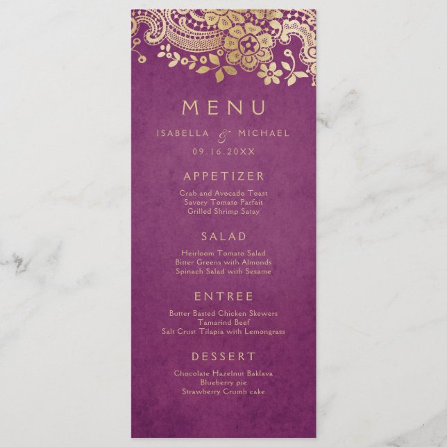 Gold purple elegant vintage lace wedding menu (Front)