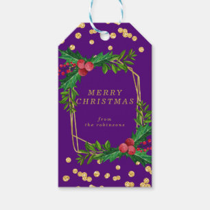 Gold Purple Family Merry Christmas Holly Glitter Gift Tags