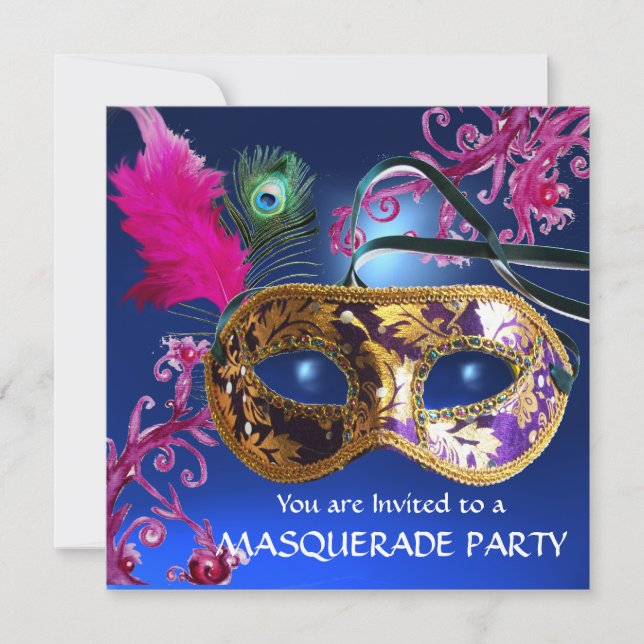 GOLD PURPLE FEATHER DAMASK  MASK Masquerade Party Invitation (Front)
