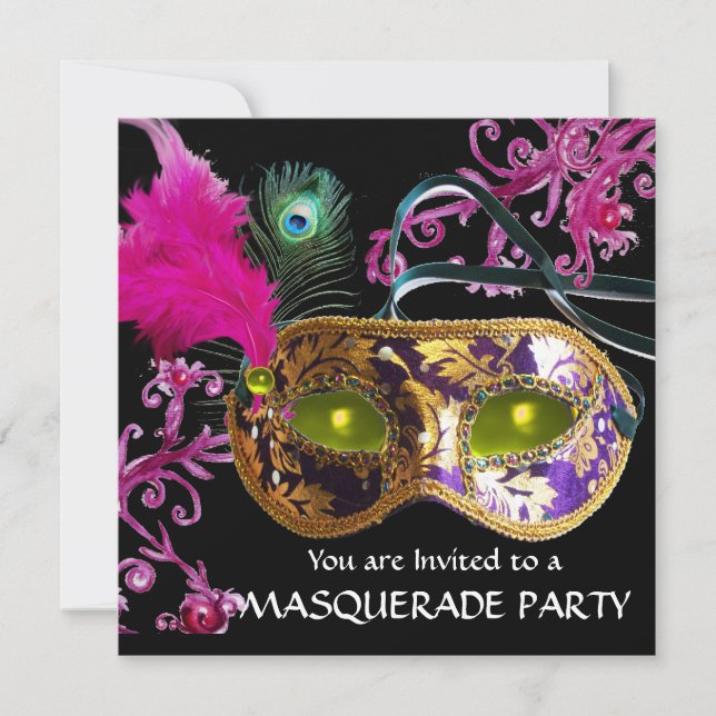 GOLD PURPLE FEATHER DAMASK  MASK Masquerade Party Invitation (Front)
