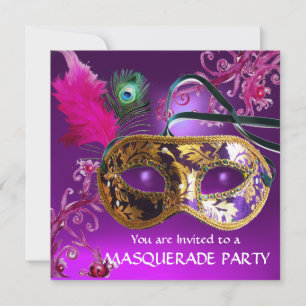 GOLD PURPLE FEATHER DAMASK MASK Masquerade Party Invitation