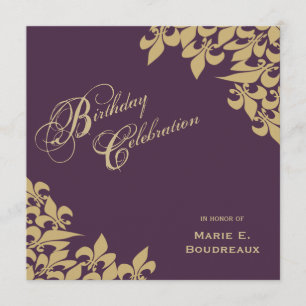 Gold Purple Fleur de Lis Milestone Birthday Party Invitation