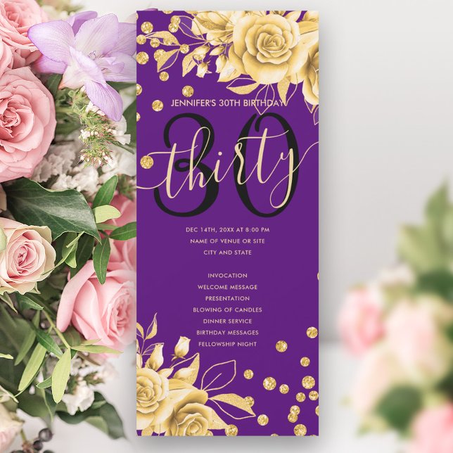Gold Purple Floral Glitter 30th Birthday Programs Invitation (Gold Purple Floral Glitter 30th Birthday Programs)