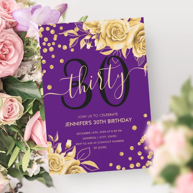 Gold Purple Floral Glitter 30th Birthday Script Invitation (Gold Purple Floral Glitter 30th Birthday Script Invitation)