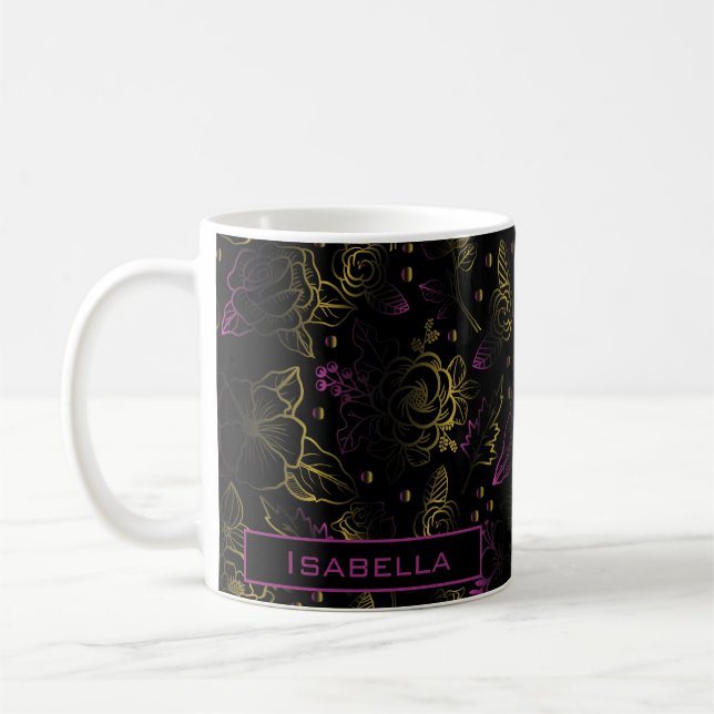 Gold purple floral pattern personalised name  coffee mug (Left)