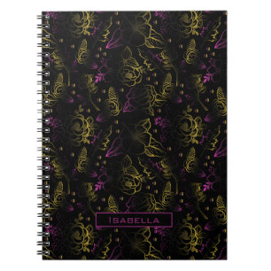 Gold purple floral pattern personalised name notebook