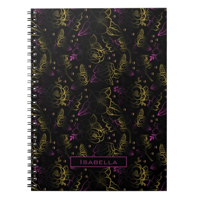 Gold purple floral pattern personalised name notebook (Front)