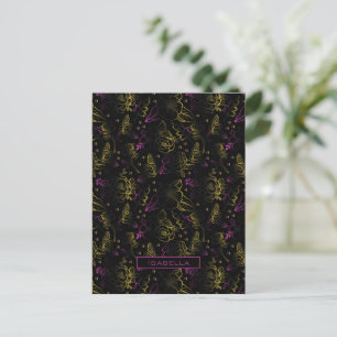 Gold purple floral pattern personalised name postcard