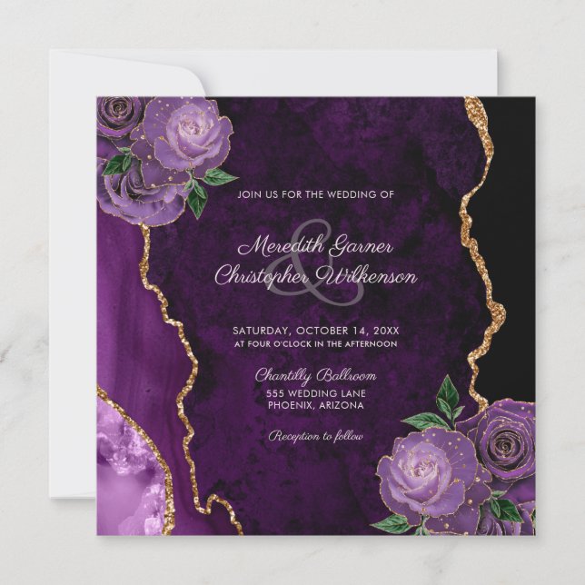 Gold Purple Floral Rose Agate Wedding Invitation (Front)