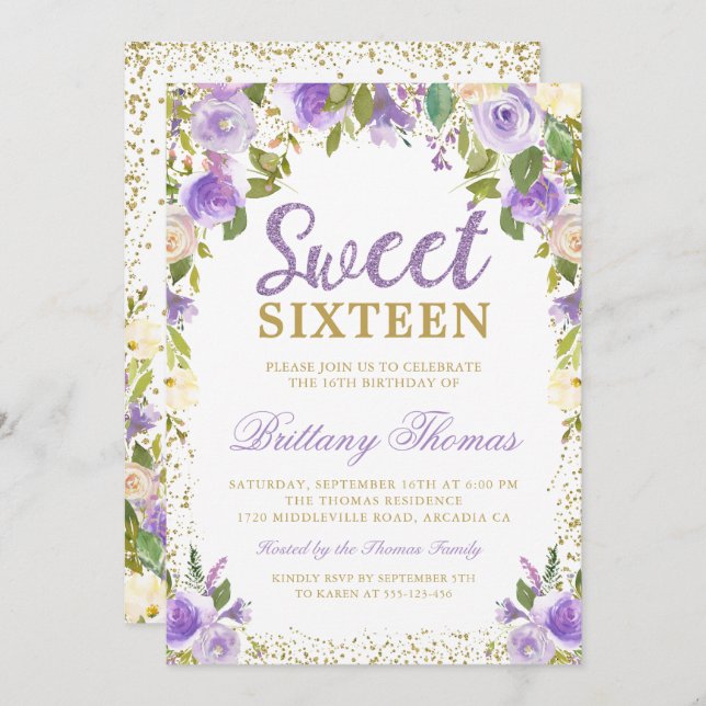 Gold Purple Floral Sweet Sixteen 16 Birthday Invitation (Front/Back)