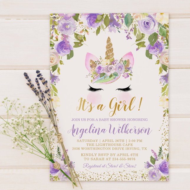 Gold Purple Floral Unicorn Baby Shower Invitations (Creator Uploaded)