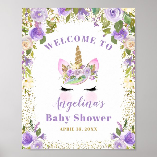 Gold Purple Floral Unicorn Baby Shower Welcome Poster (Front)