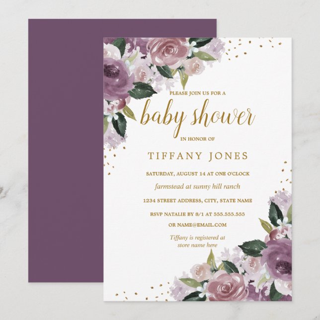 Gold Purple Floral Watercolor Baby Shower Invite (Front/Back)