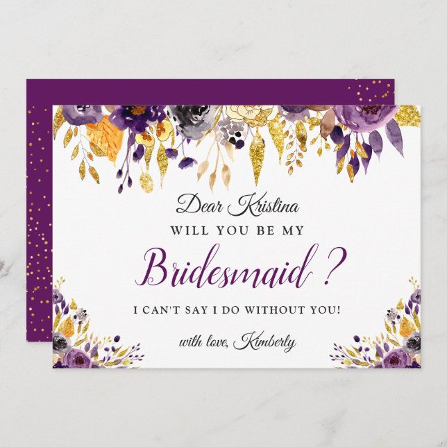 Gold Purple Floral Will You Be My Bridesmaid Invitation (Front/Back)