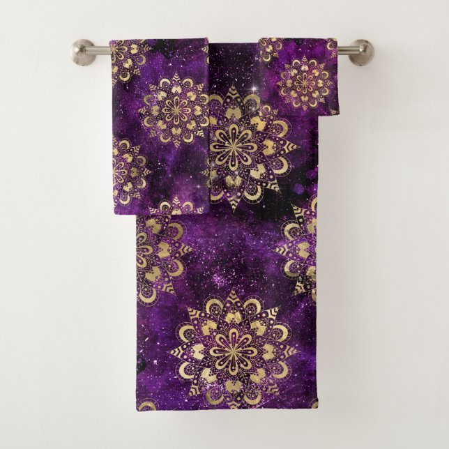 Gold & Purple Galaxy Dharma Mandala Pattern Bath Towel Set (Insitu)