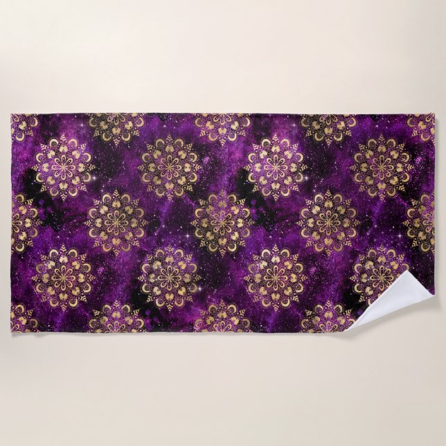 Gold & Purple Galaxy Dharma Mandala Pattern Beach Towel (Front)