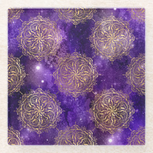 Gold & Purple Galaxy Dharma Mandala Pattern Glass Coaster