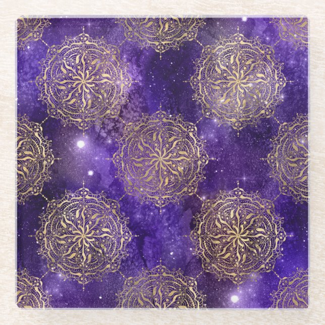 Gold & Purple Galaxy Dharma Mandala Pattern Glass Coaster (Front)