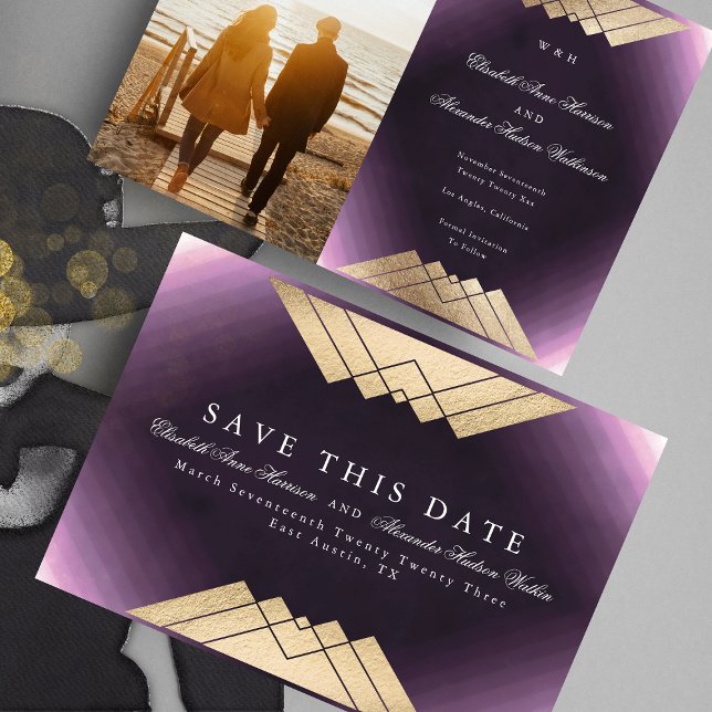 Gold Purple Geometric Gatsby Foil Save The Date Announcement (Creator Uploaded)