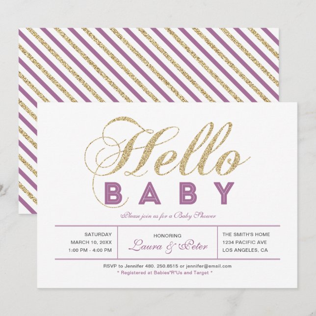 Gold, Purple | Girl, Modern Typography Baby Shower Invitation (Front/Back)