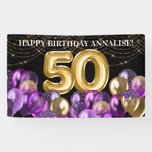 Gold Purple Glitter Balloons Fifty 50th Birthday Banner (Horizontal)