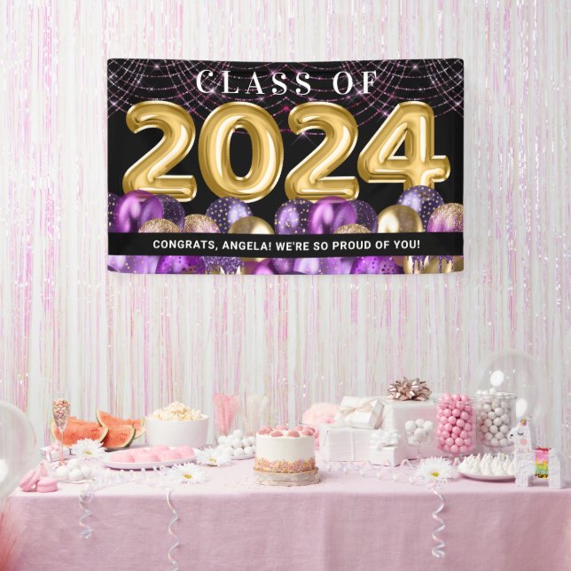 Gold Purple Glitter Class of 2024 Graduation Banner (Party)