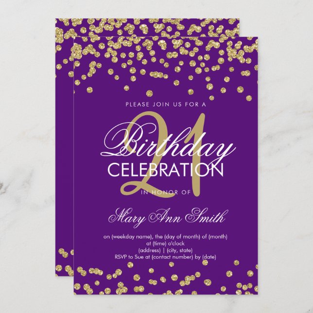 Gold Purple Glitter Confetti 21st Birthday Invitation (Front/Back)