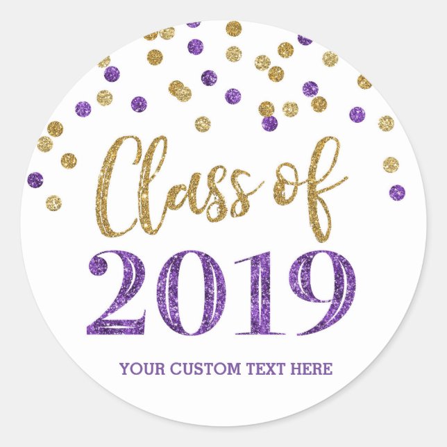 Gold Purple Glitter Confetti Graduation 2019 Classic Round Sticker (Front)
