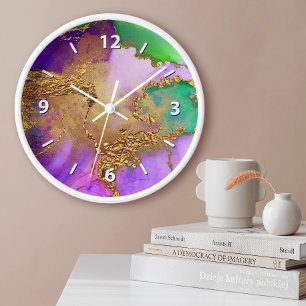 Gold purple green aqua chic glam marble watercolor clock