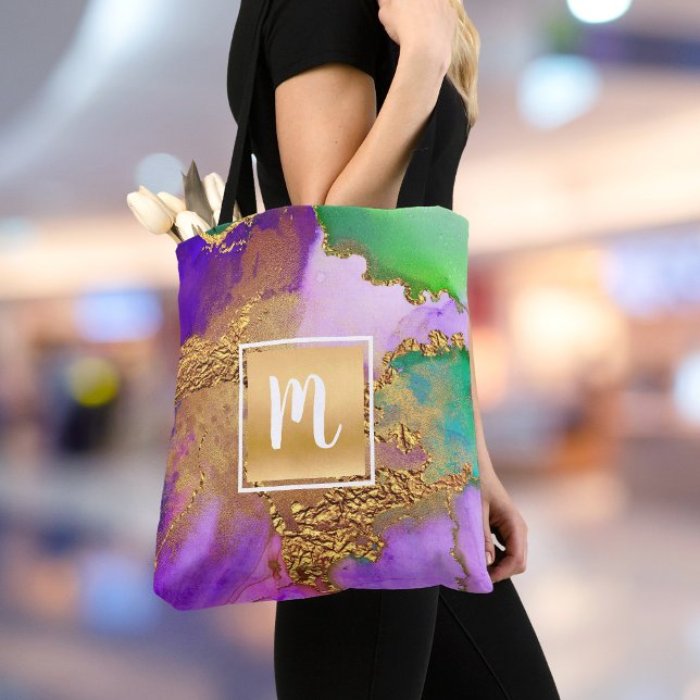 Gold purple green aqua marble watercolor monogram tote bag (Creator Uploaded)